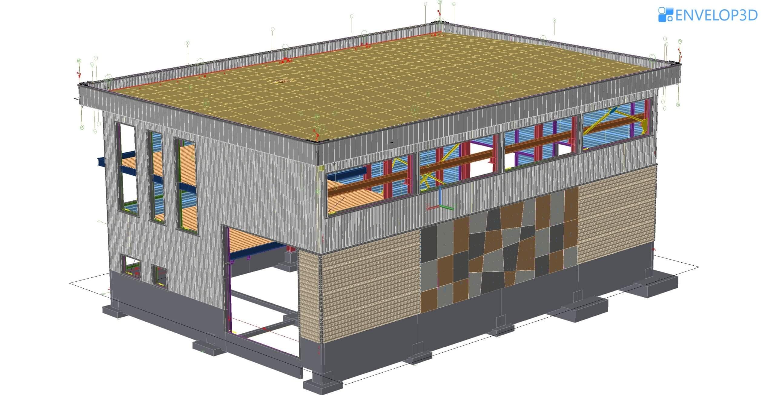 Modélisation 3D d'un bâtiment avec du bardage métallique horizontal et vertical plus du bardage panneau